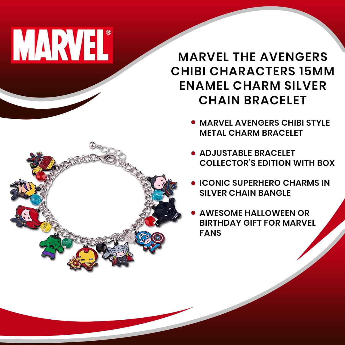 Marvel The Avengers Chibi Characters 15mm Enamel Charm Silver Chain Bracelet
