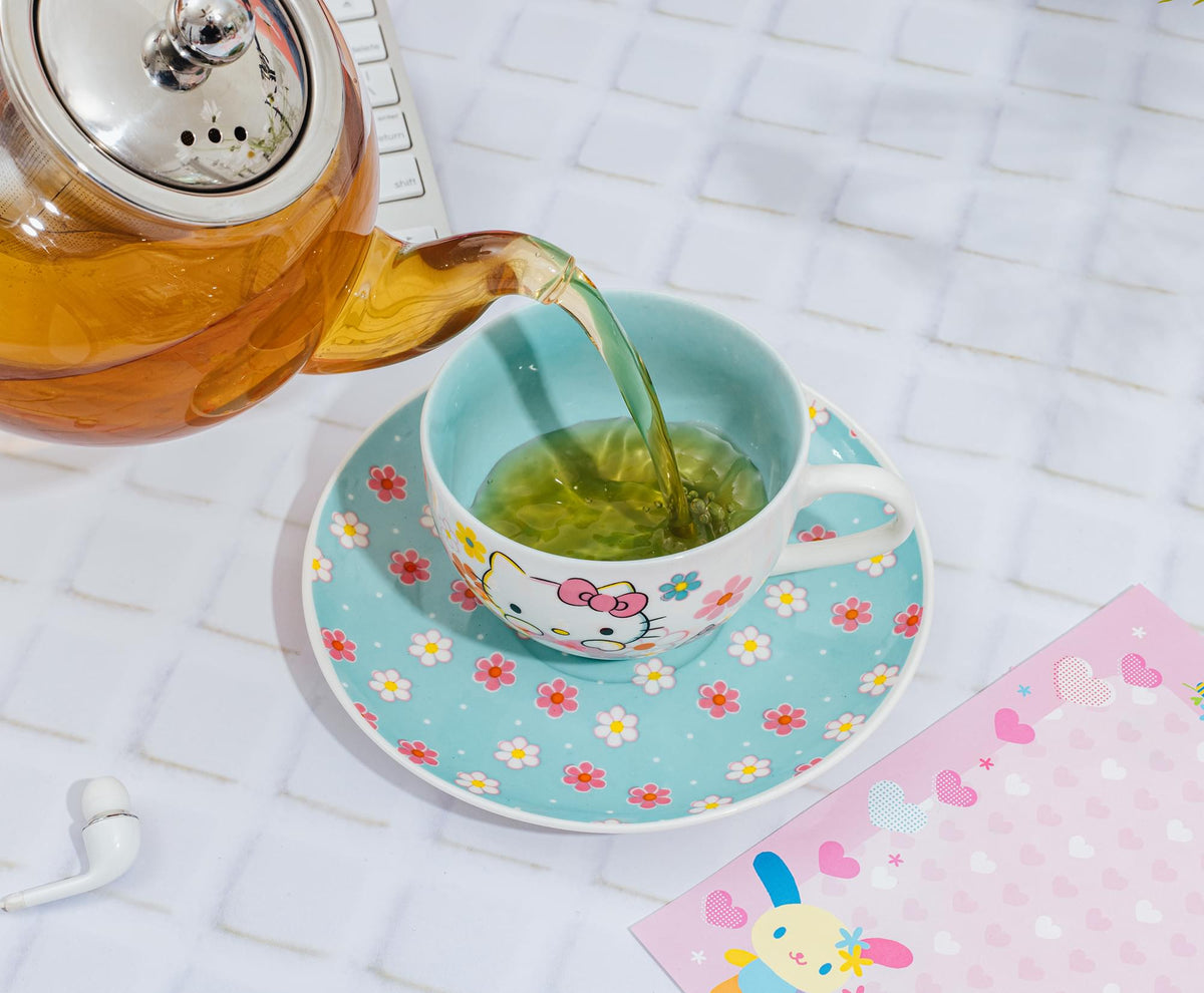 Sanrio Hello Kitty Floral Bone China Teacup and Saucer Set | Holds 7 Ounces
