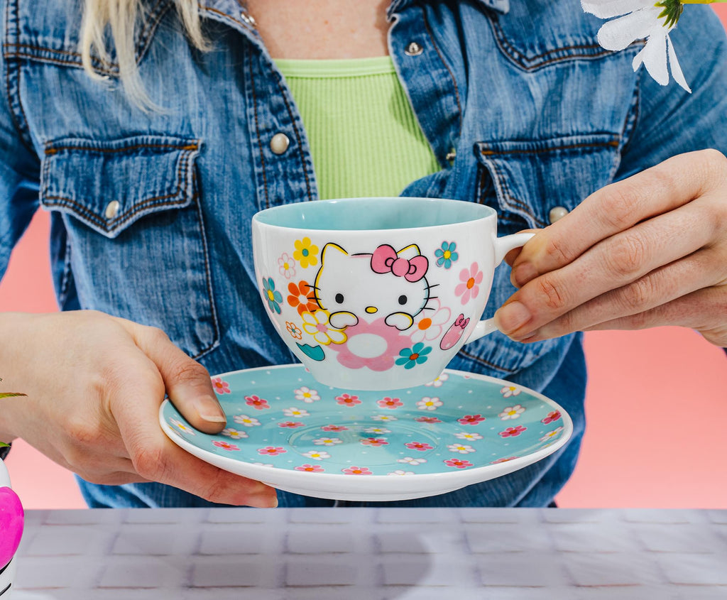 Sanrio Hello Kitty Floral Bone China Teacup and Saucer Set | Holds 7 Ounces