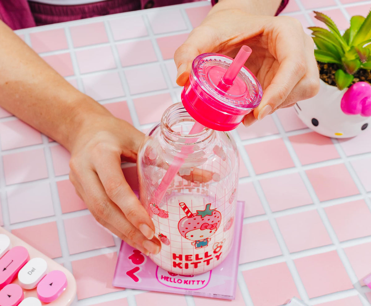 Sanrio Hello Kitty Pink Strawberry 15-Ounce Glass Milk Bottle With Straw