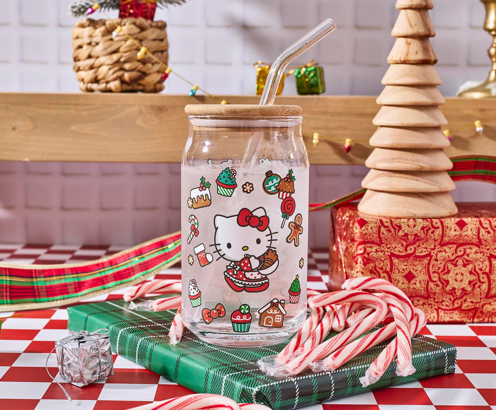 Sanrio Hello Kitty Holiday 16-Ounce Glass Tumbler With Bamboo Lid and Straw