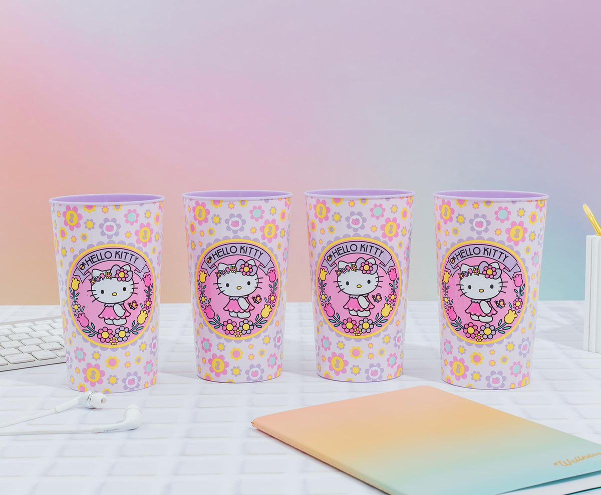 Sanrio Hello Kitty Flowers 4-Piece Plastic Cup Set | Each Holds 22 Ounces