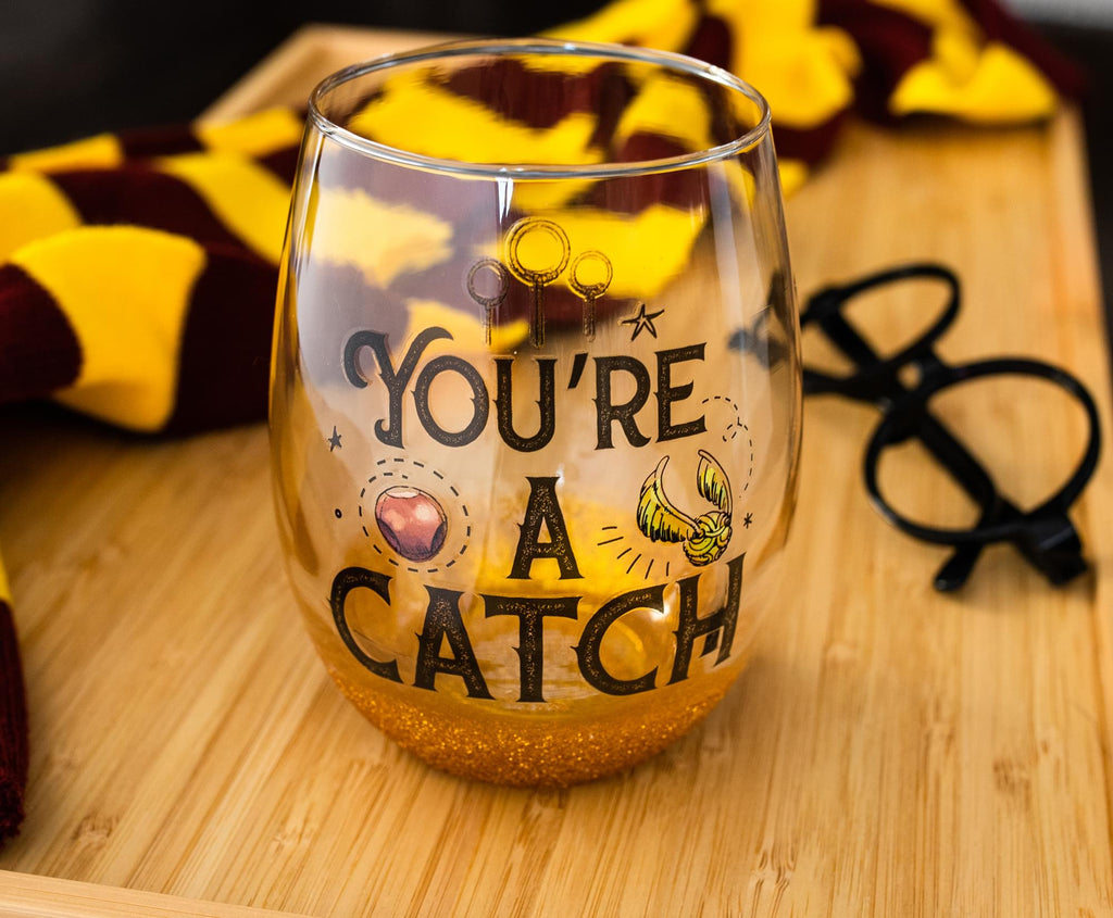 Harry Potter Quidditch "You're A Catch" Teardrop Stemless Wine Glass | 20 Ounces