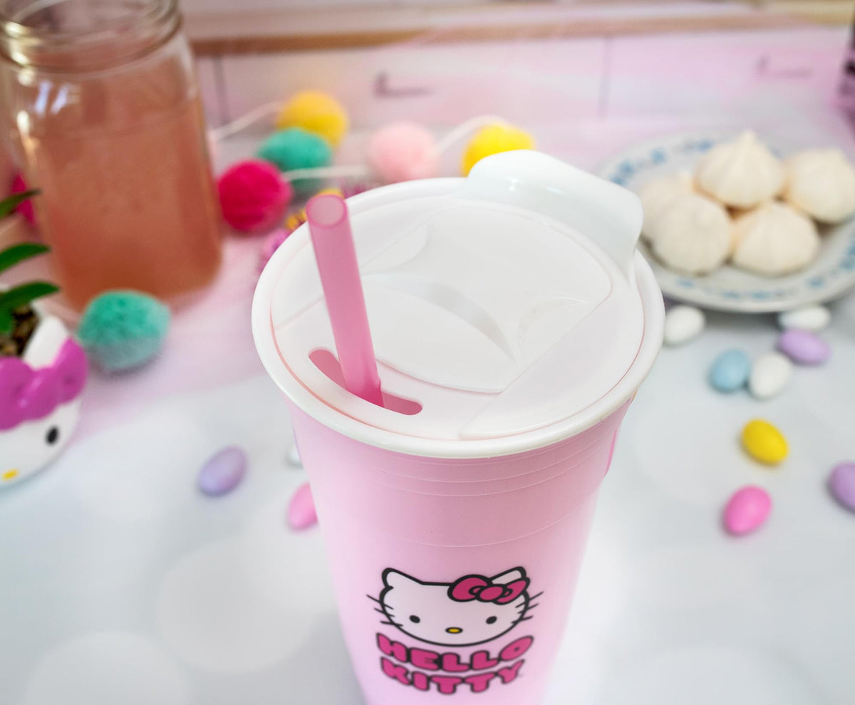 Sanrio Hello Kitty Pink Plastic Tumbler With Lid and Straw | Holds 32 Ounces