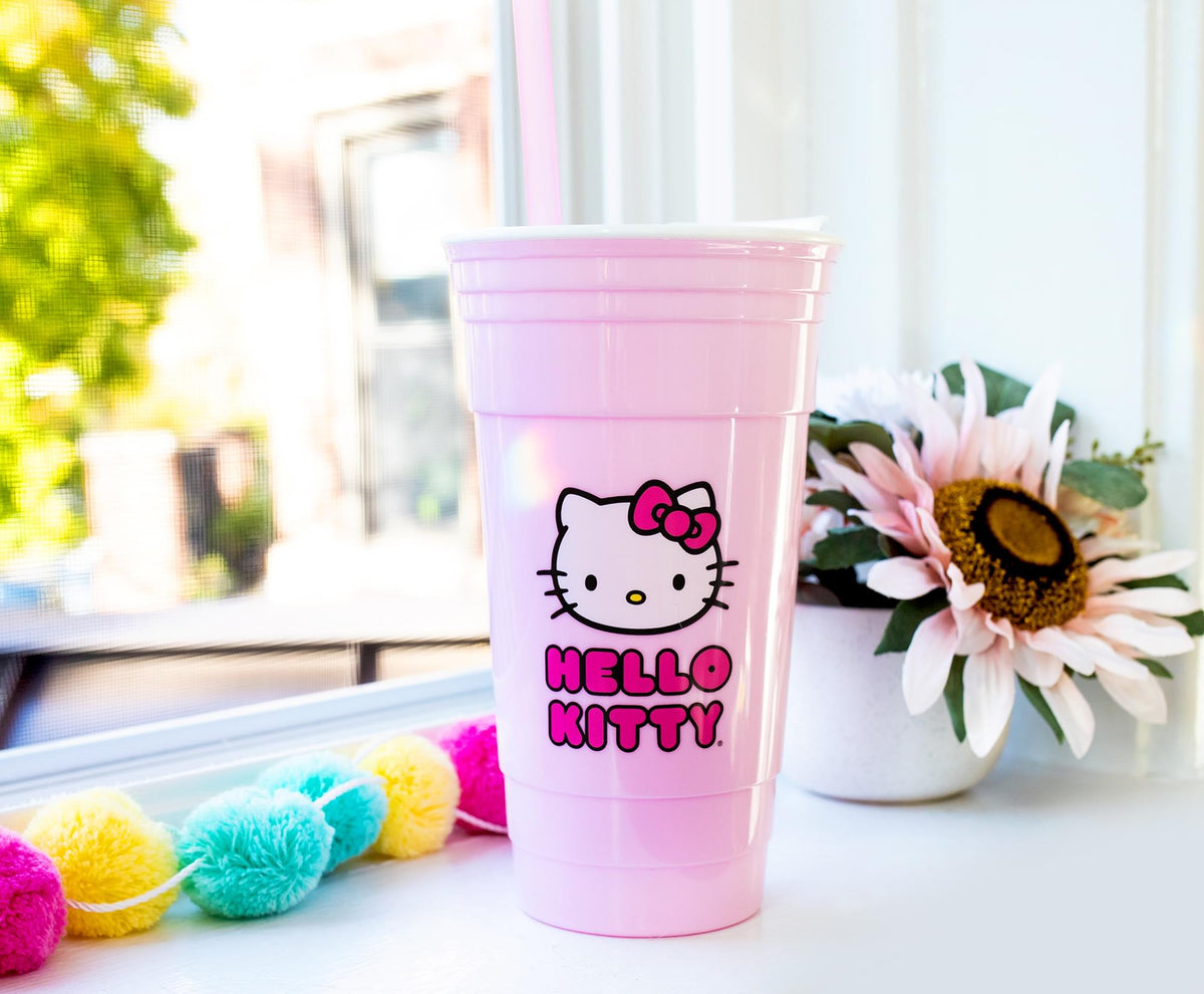 Sanrio Hello Kitty Pink Plastic Tumbler With Lid and Straw | Holds 32 Ounces