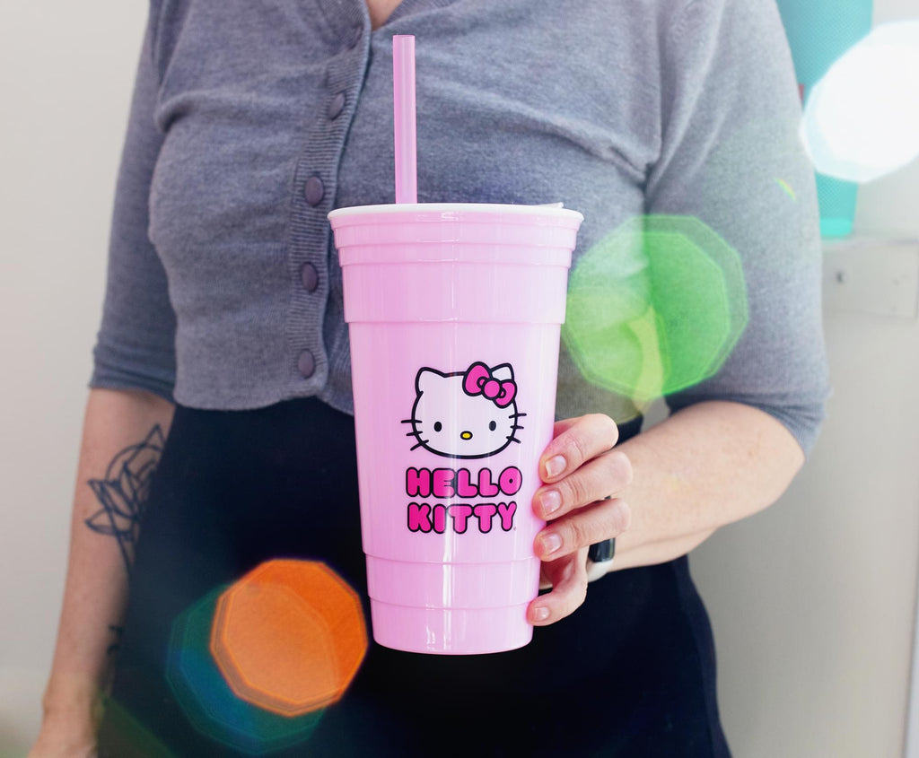 Sanrio Hello Kitty Pink Plastic Tumbler With Lid and Straw | Holds 32 Ounces