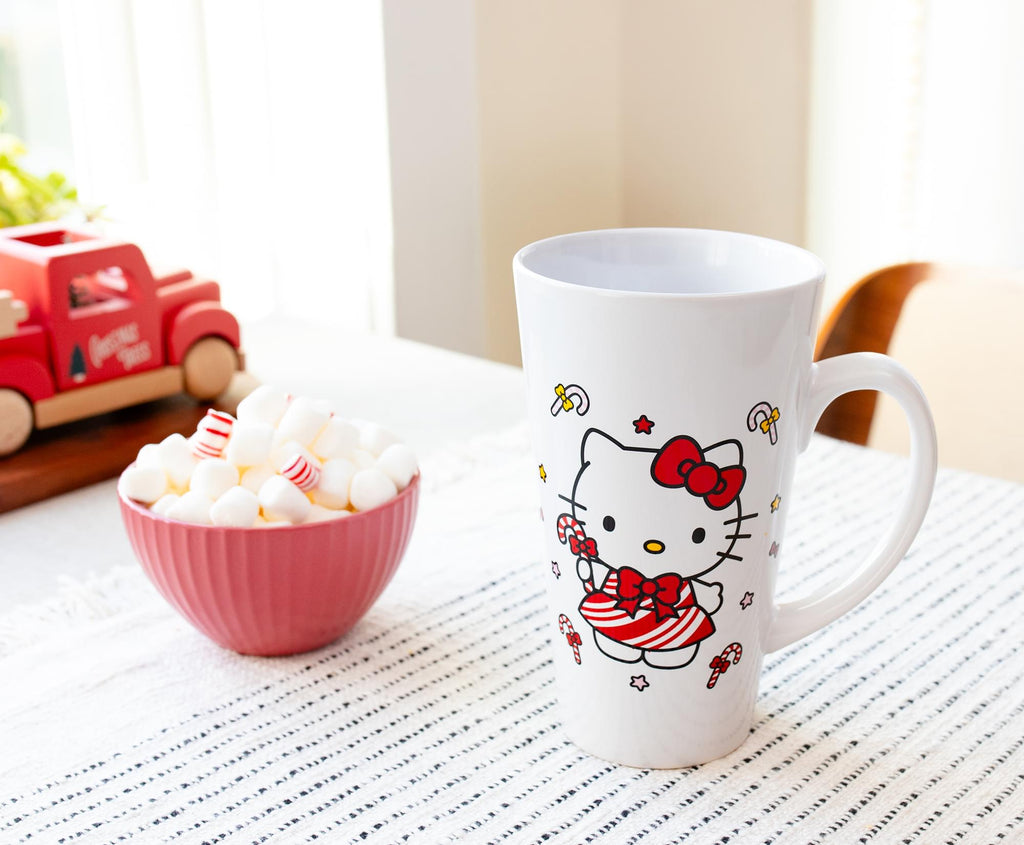 Sanrio Hello Kitty Holiday Candy Cane Ceramic Tall Latte Mug | Holds 16 Ounces