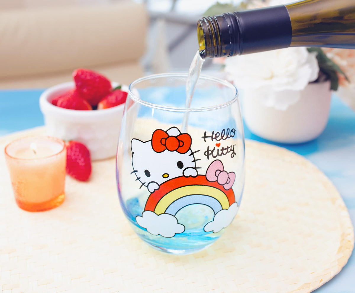 Sanrio Hello Kitty Rainbow Peek Stemless Wine Glass | Holds 20 Ounces