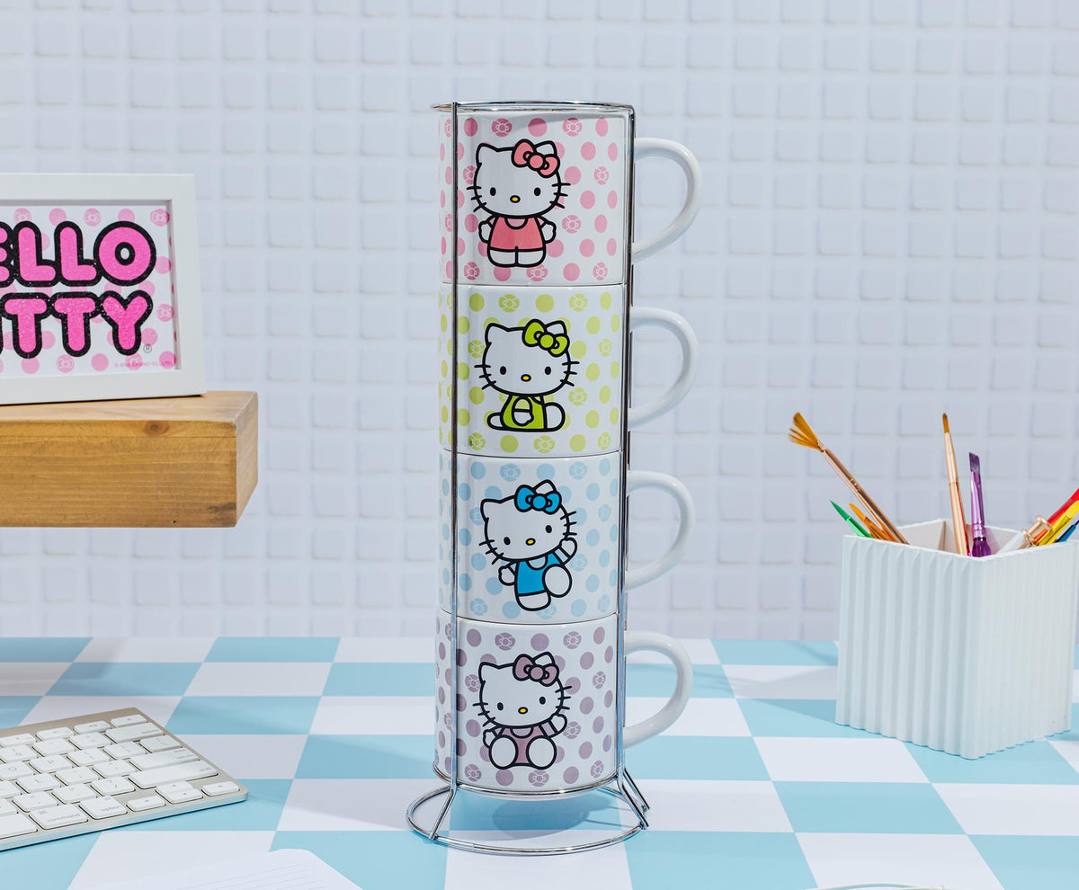 Sanrio Hello Kitty 4-Piece Stacking Mug Set With Wire Rack | Each Hold 10 Ounces