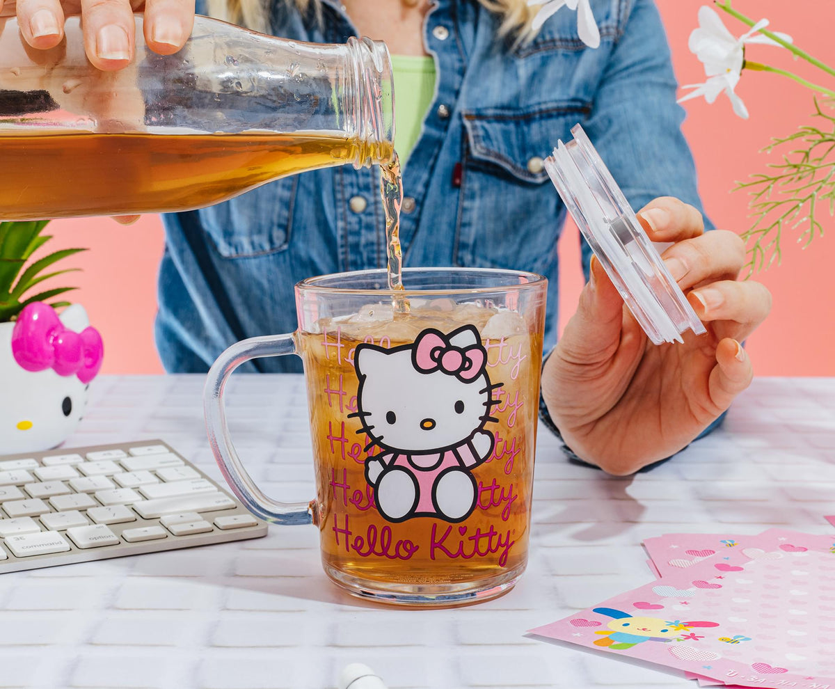 Sanrio Hello Kitty Pink Outfit Glass Mug With Lid | Holds 14 Ounces