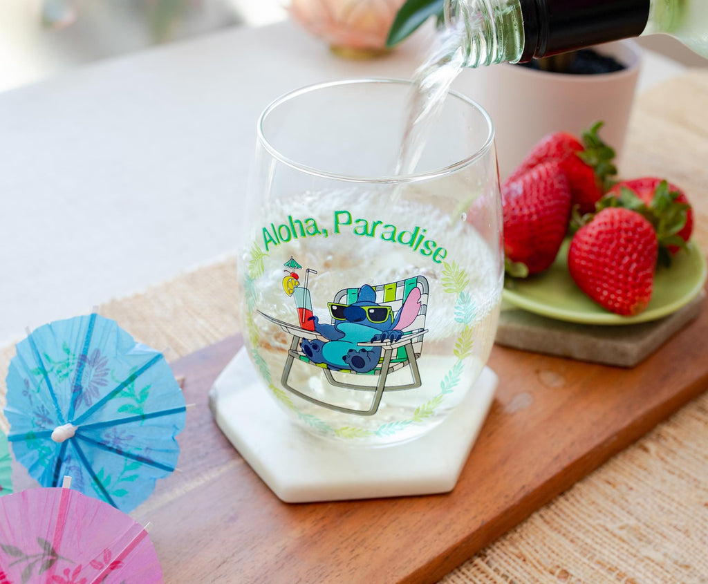 Disney Lilo & Stitch "Aloha, Paradise" Stemless Wine Glass | Holds 20 Ounces