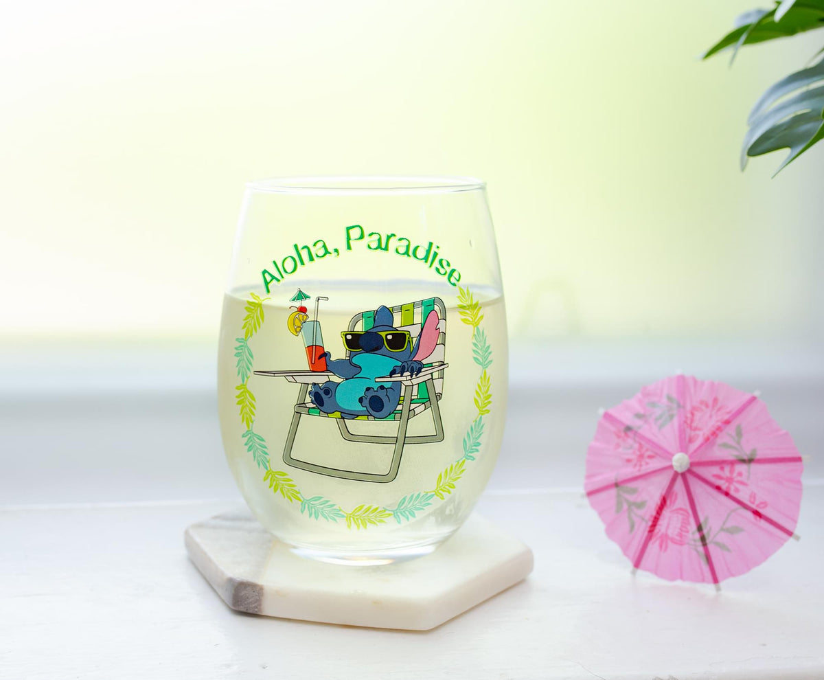 Disney Lilo & Stitch "Aloha, Paradise" Stemless Wine Glass | Holds 20 Ounces