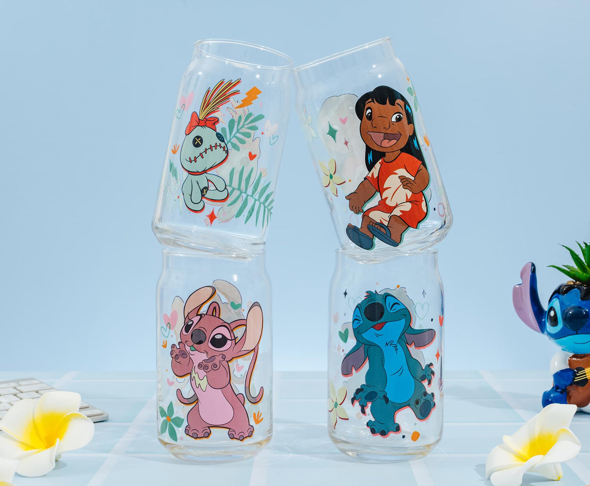 Disney Lilo & Stitch Characters 4-Piece Glass Can Set | Each Holds 16 Ounces