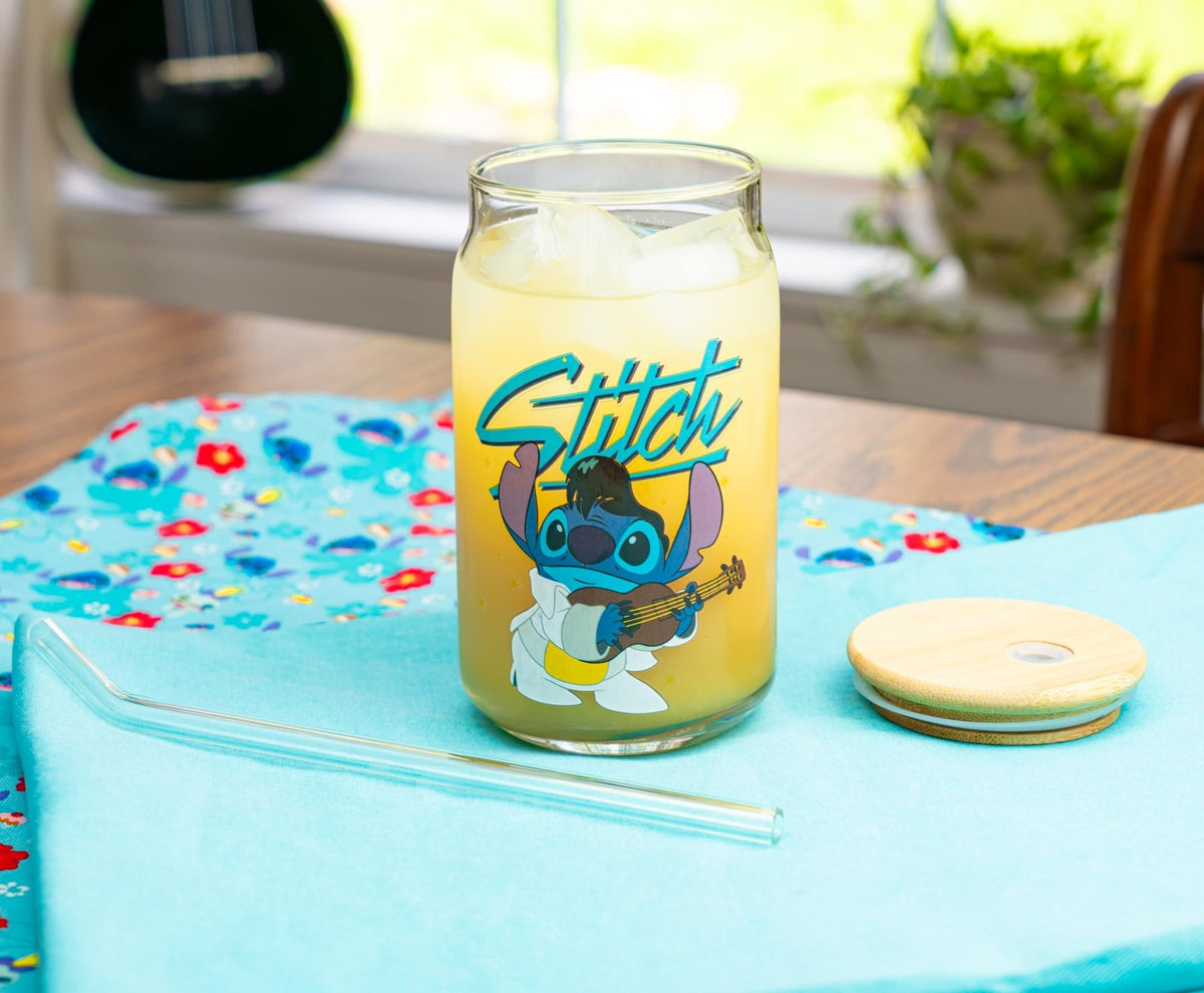 Disney Lilo & Stitch Elvis Stitch 16-Ounce Glass Tumbler With Lid and Straw