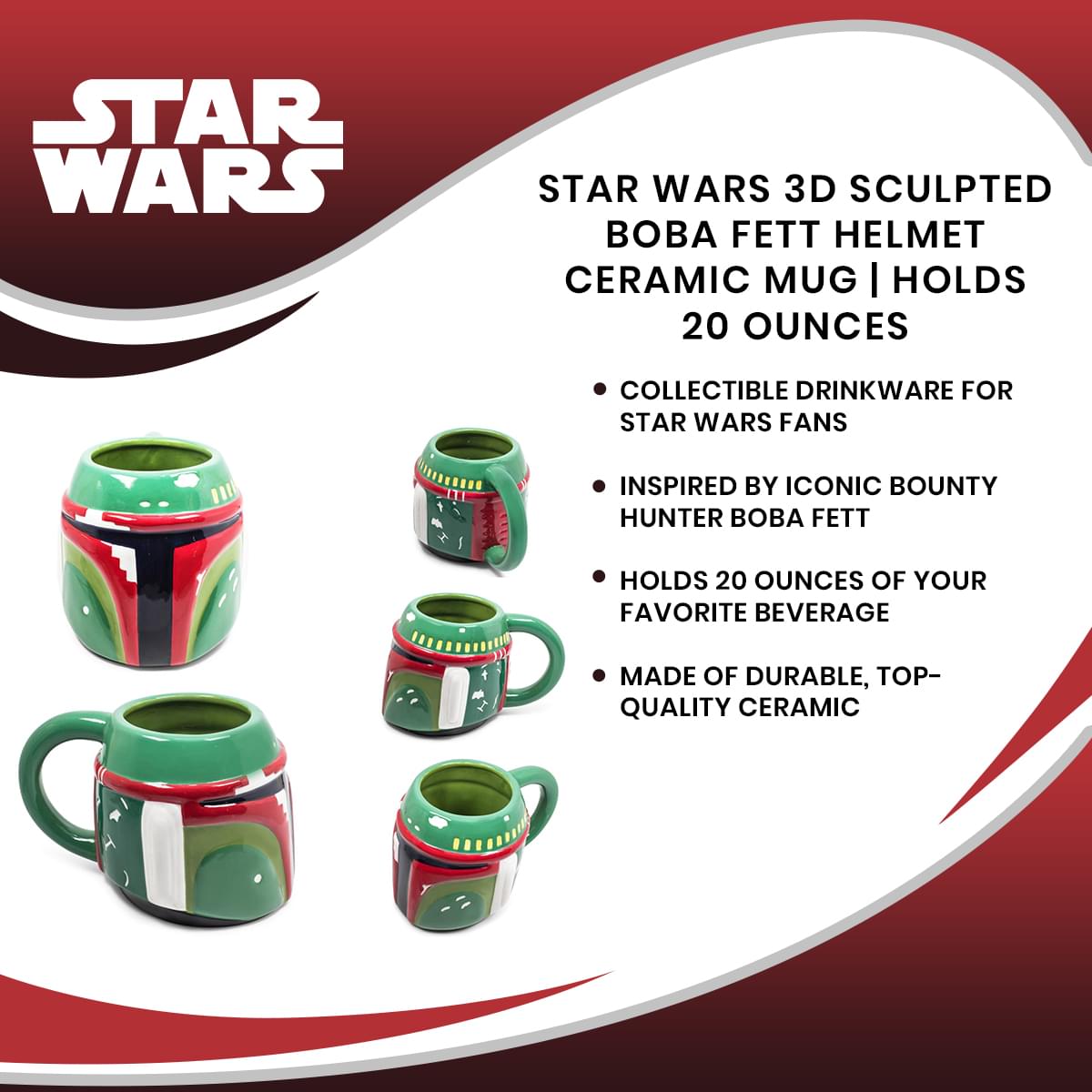 Star Wars 3D Sculpted Boba Fett Helmet Ceramic Mug | Holds 20 Ounces