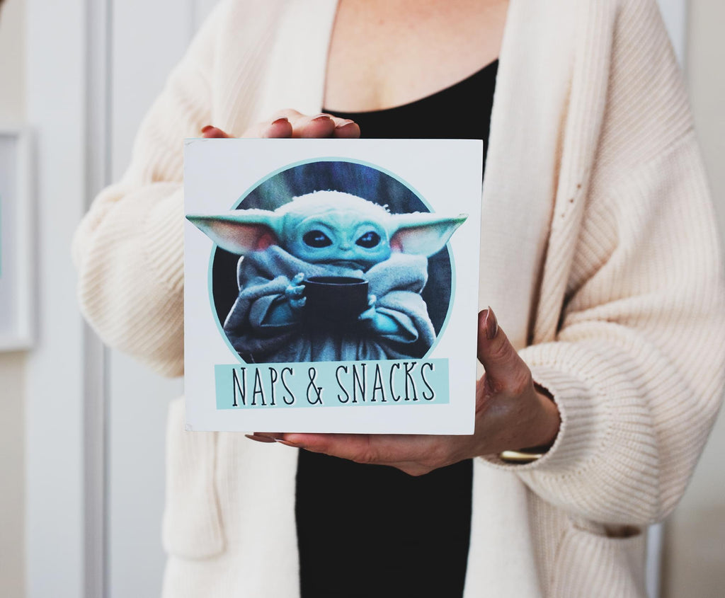 Star Wars The Mandalorian Naps and Snacks 6 x 6 Inch Wood Box Sign