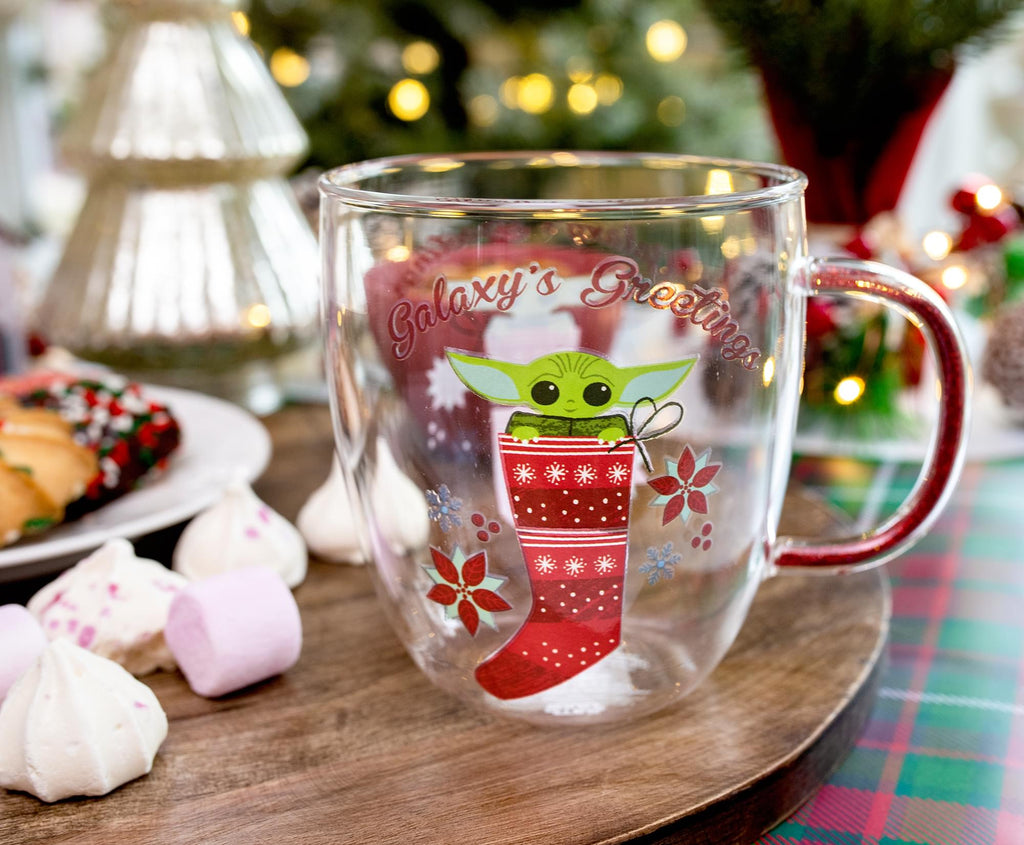 Star Wars: The Mandalorian Grogu Holiday Glitter Handle Glass Mug  | 14 Ounces